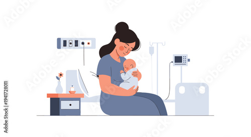 A tender moment captured as a new mother gently cradles her newborn baby while seated on a hospital bed.