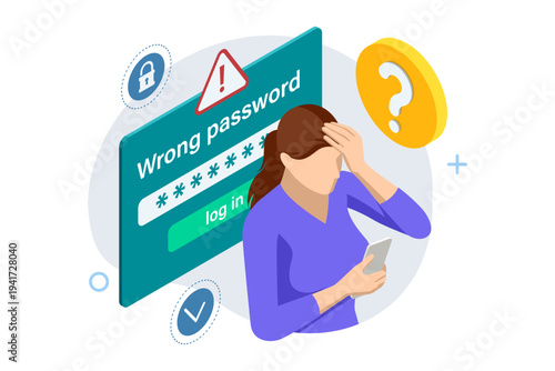 Isometric password error illustration with confused man holding smartphone near warning login panel. Secure account access is denied because of wrong credential. Concept of authentication failure