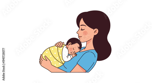 A serene woman with closed eyes tenderly holds a sleeping baby wrapped in a yellow polka-dotted blanket.