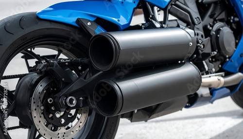 Rear view of a bright blue motorcycle featuring dual black exhaust pipes, disc brake, and visible tire tread