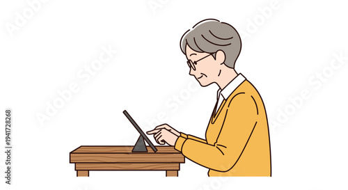 A senior woman wearing a yellow cardigan sits at a wooden table, interacting with a tablet on a stand.