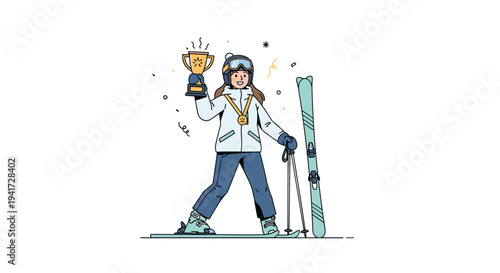 A triumphant female skier stands on skis, holding a gold trophy, with confetti celebrating her victory.