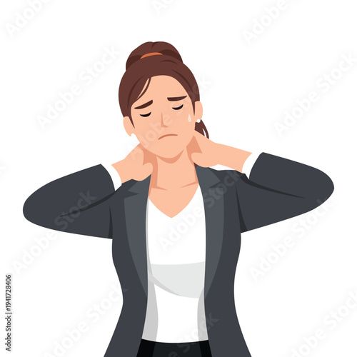 Businesswoman Suffering Neck Pain and Stress from Office Work. Flat vector illustration isolated on white background