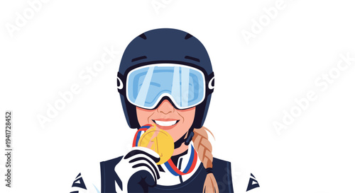A smiling female skier with a braided ponytail wears a dark blue helmet and holds a gold medal.
