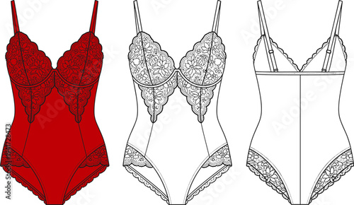 Lace Bodysuit Lingerie Technical Flat Sketch, Women Underwear Fashion Template, One Piece Mockup