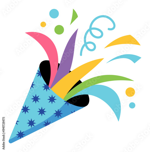 Colorful Confetti Popper Exploding with Streamers and Dots