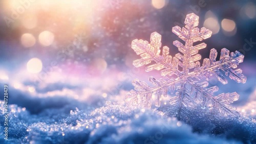 A close-up of a snowflake with shimmering details, resting on snowy ground, soft-focus background
