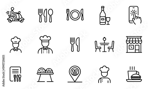Catering restaurant service, cutlery and food delivery icons set. Food, plate, fork, knife, spoon, mobile app thin line vector illustration