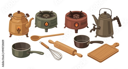 A collection of vintage-style kitchenware including kettles, stoves, and cooking utensils arranged on a white background.