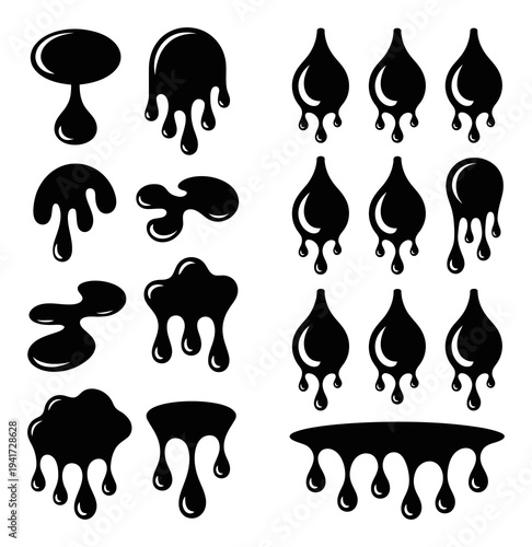 Collection of Black Dripping Liquid Shapes and Splatters