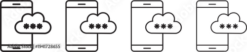 OTP icons, Set of linear icons. Black linear palm icons. OTP icon set. One time password and security symbol. Mobile phone with password sign.