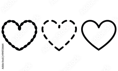 Three simple black heart illustrations in different styles on a plain white background representing love and affection
