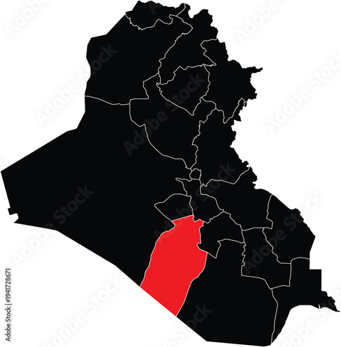 Al-Najaf Governorate on Map of Iraq Silhouette with Regions Vector Illustration