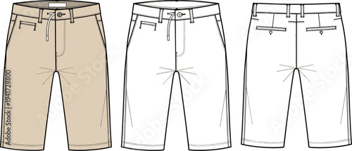 Men's Casual Shorts with Drawstring Waist Technical Flat Sketch Vector Illustration