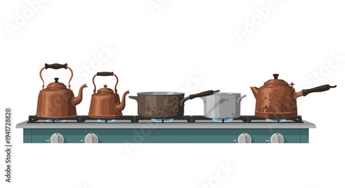 Four cooking pots and kettles, two copper and two silver, are heating on a teal four-burner gas stove with blue flames.
