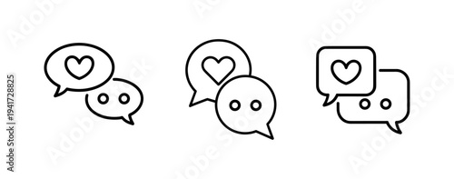 Social support and emotional communication concept thin outline icon. Minimalist line symbol chat bubbles and heart shape. Vector isolated for web and app.