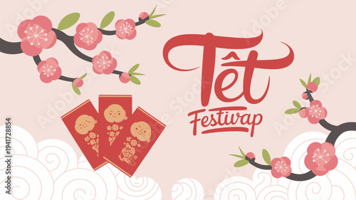 A vibrant illustration celebrating Tet Festival with red envelopes and cherry blossoms on a pink background