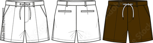 Men's Drawstring Cargo Shorts Technical Fashion Flat Sketch Illustration