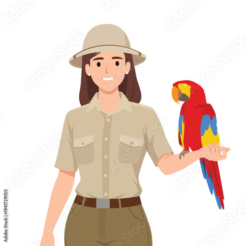 Female Zookeeper Holding Colorful Parrot Wildlife Conservation. Flat vector illustration isolated on white background