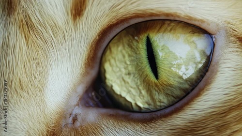 A detailed macro shot showcases a feline eye with a striking yellow iris and textured fur