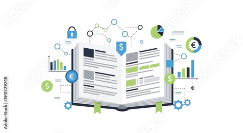 Financial Report Analysis and Business Intelligence Concept. Open Book with Data Charts, Currency Symbols, and Security Padlock Vector Illustration.