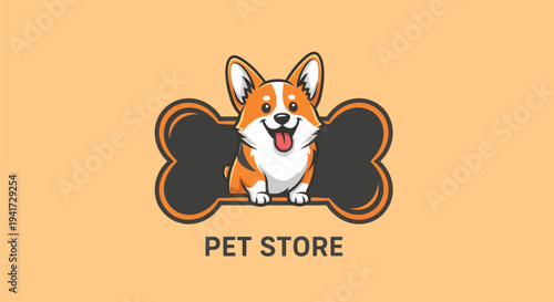 Cute Corgi Dog with Bone Pet Store Logo Design.