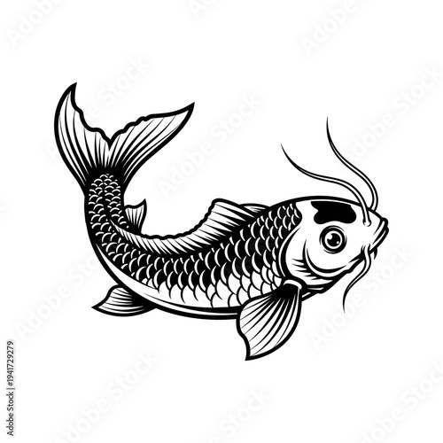 A black and white drawing of a koi fish
