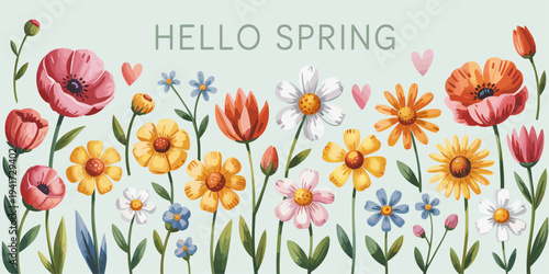 Spring horizontal banner with hand drawn bloom flowers of field. Perfect for spring holidays, Mother's Day, Women's Day. Background with beautiful meadow flowers. Vector illustration.