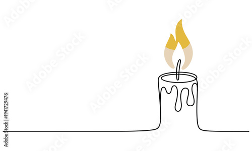 Simple continuous line drawing of candle with melting wax and yellow flame on white background representing relaxation and peacefulness in a minimalist style