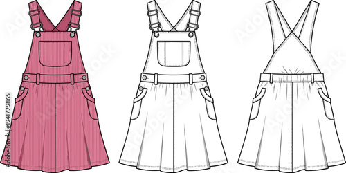 Pinafore Overall Dress Flat Fashion Sketch Template with Front and Back Views