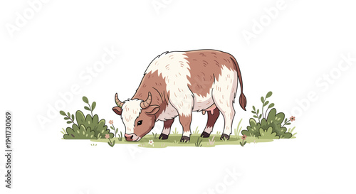 A single brown and white cow with small horns grazes in a green field surrounded by bushes and wildflowers on a white background.