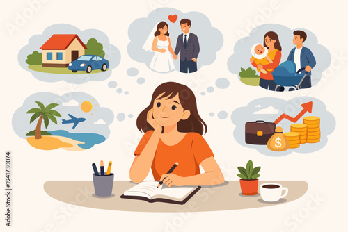 Young woman sitting at a desk writing in a journal and dreaming about future life goals like a house, car, wedding, family, tropical vacation, and financial success. Flat vector illustration.