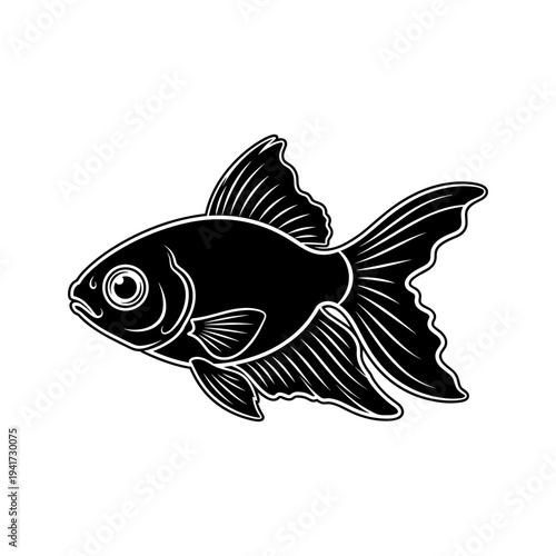 A black and white drawing of a goldfish
