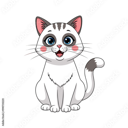 A cute cartoon cat with pink cheeks and a surprised expression