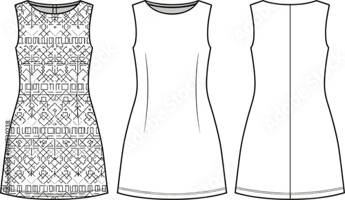 Sleeveless Shift Dress with Geometric Print Flat Fashion Sketch Illustration