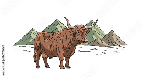 A shaggy brown Highland cow with long horns stands in a snowy landscape with three green and grey mountains in the background.
