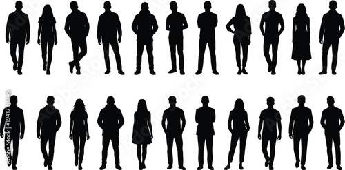 People Silhouette Set with Men and Women Standing and Walking in Different Casual and Business Poses Vector Illustration