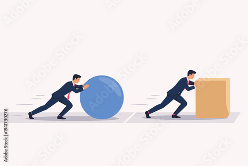 Businessman Pushing a Blue Sphere Competing Against Another Businessman Pushing a Heavy Cube Box, Concept of Innovation, Efficiency, and Working Smarter Not Harder for Business Success Vector