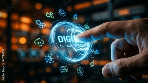 Finger interacts with futuristic digital interface, holographic elements swirling, soft ambient lights flickering; camera smoothly tracks in cinematic style to emphasize digital transformation and inn