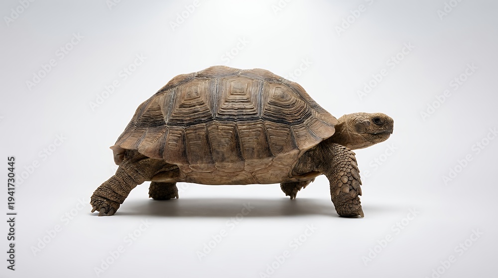 Obraz premium Static side profile of a tortoise walking slowly across a seamless white background, fixed camera angle with crisp focus on textured shell and legs, soft diffused studio lighting creating gentle shado