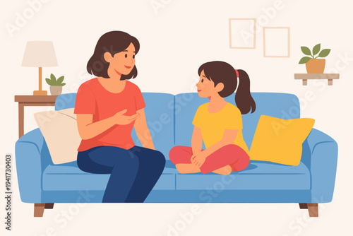 Mother and Daughter Sitting on a Blue Sofa Talking and Bonding at Home. Flat Vector Illustration of a Parent and Child Having a Heart-to-Heart Conversation in a Cozy Living Room Interior Setting.