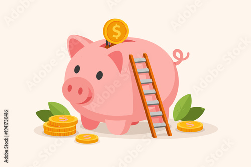 Pink Piggy Bank with a Wooden Ladder and Gold Dollar Coins, Simple Flat Vector Illustration for Financial Growth, Saving Money, Investment Planning, Retirement Fund, and Wealth Management.