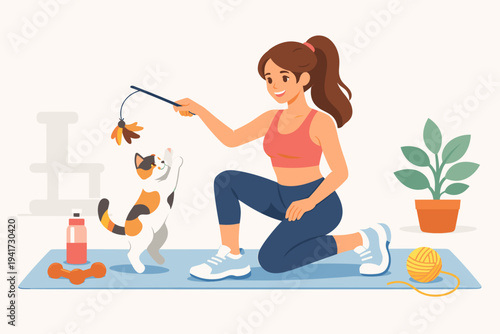 Pretty Young Woman in Sportswear Training and Playing with Her Calico Cat on a Yoga Mat at Home, Fitness Workout with Pet, Flat Vector Illustration of Healthy Lifestyle and Animal Companionship