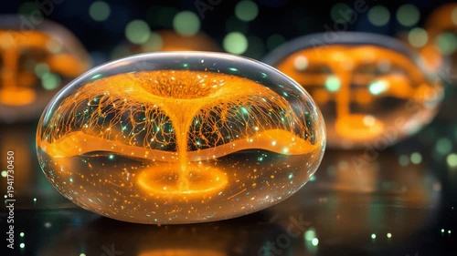 A futuristic, abstract artwork with glowing orbs housing intricate, neural-like structures