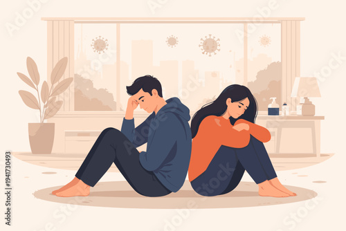 Depressed couple sitting back to back at home during COVID-19 pandemic lockdown, vector illustration of mental health, isolation, loneliness, and relationship problems during virus quarantine.