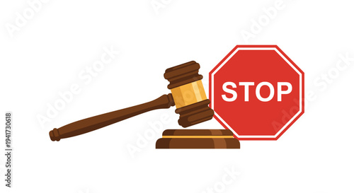 A classic wooden judge's gavel rests on its sound block next to a red octagonal stop sign with white text on a white background.