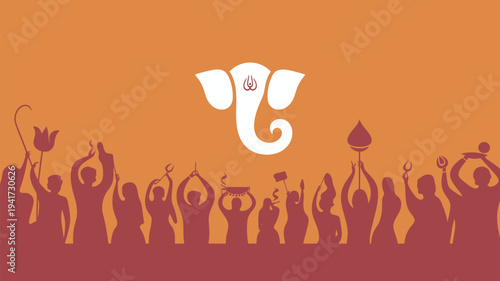 A vibrant illustration of a crowd celebrating with a large white elephant head symbol on an orange background