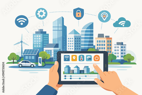 Smart city management concept with hands holding a tablet to control urban infrastructure, featuring green energy, IoT icons, skyscrapers, electric car charging, and sustainable technology.