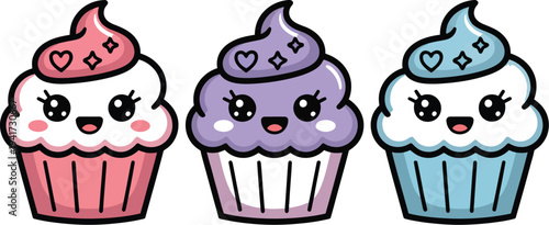 Three cartoon cupcakes with colorful icing and hearts on a transparent background viewed from front