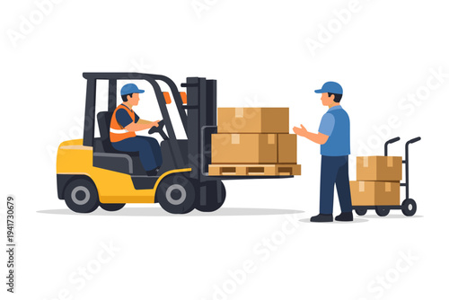 Professional warehouse logistics vector illustration featuring a forklift operator moving cardboard boxes on a pallet and a worker with a hand truck for shipping, delivery, and supply chain